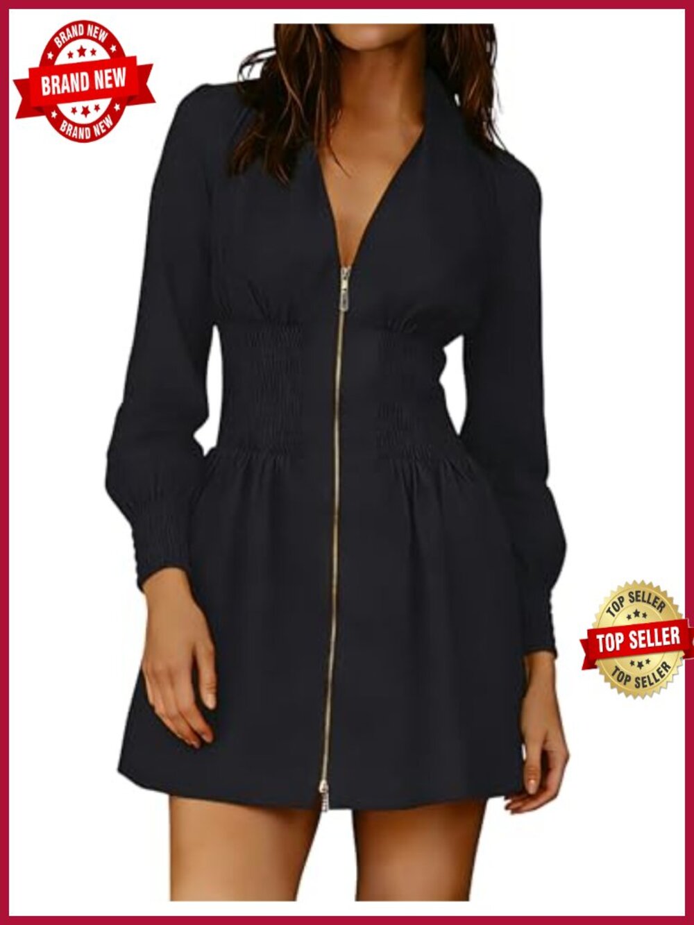 Womens Long Sleeve V Neck Smocked Mini Dress A Line with Pockets